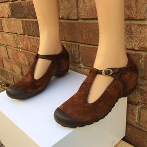 T Strap Mary Jane Suede Brown Shoes
